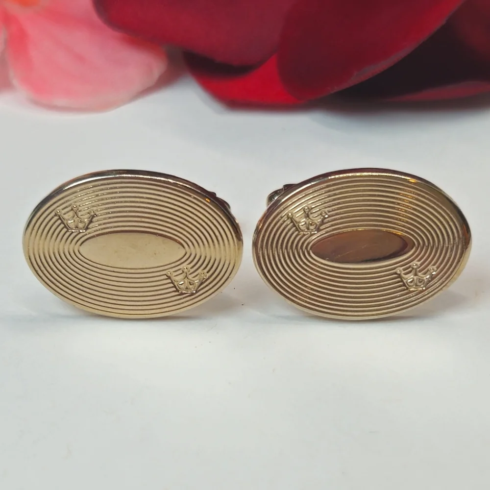 Vintage Gold Plated Oval Etched Crown Cuff Links